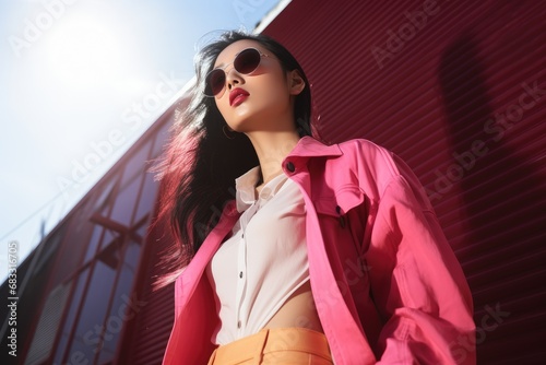 Young beautiful asian woman in pink casual jacket and sunglasses posing on the street. Stylish busy successful businesswoman walking on big city. Fashion beauty concept 