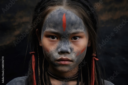 Girl with beautiful face art on black background. Beautiful Indian woman hunter with big American Indian plume of feathers. Native american creative makeup. Western style