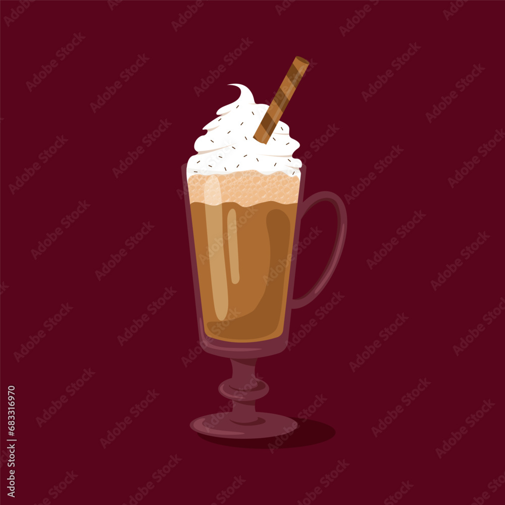 Coffee in glass vector flat. A glass of coffee with foam, cream and waffle tubes. Vector illustration Coffee in glass vector flat. A glass of coffee with foam, cream and waffle tubes. Vector illustration