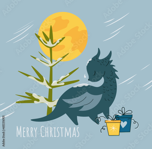 New Year card with cute dragon. Forest, moon, gifts. Biue background in vector.