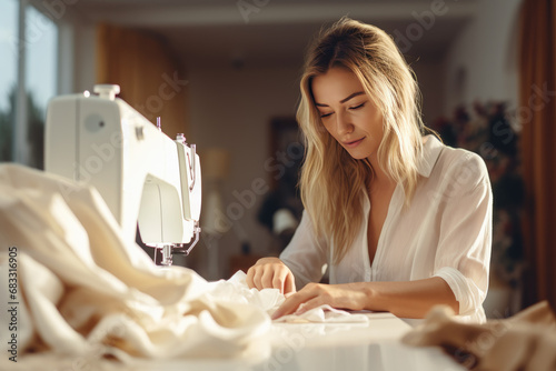 A seamstress sews clothes.