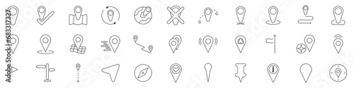 Location vector icon set. Linear set of geolocation symbols. Pin location on map vector icon. GPS navigation icons. Vector map route.