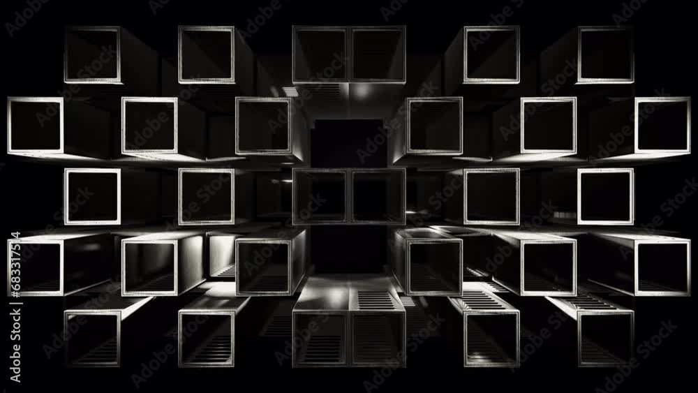 3D cube structure, abstract array of hollow boxes with light effects, seamless VJ Loop