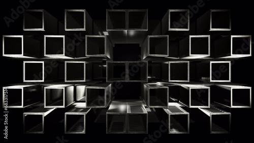 3D cube structure, abstract array of hollow boxes with light effects, seamless VJ Loop