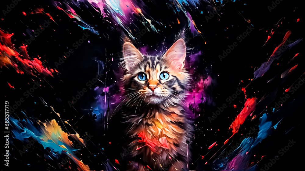 Portrait of a maine coon kitten with colorful abstract background.