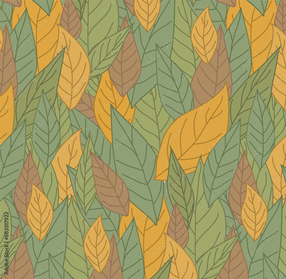 Autumn leaves seamless pattern. Background print design of thick fallen foliage of orange, green and brown colors. 