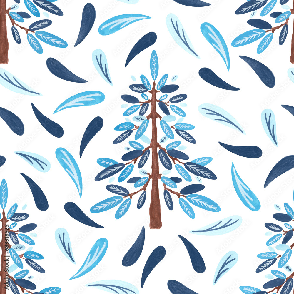 Folk Christmas Tree Pattern. Seamless pattern fir trees, leaves and branches in folk style. Hand-drawn gouache illustration for wallpaper, banner, textile, postcard or wrapping paper Folk Christmas Tree Pattern. Seamless pattern fir trees, leaves and branches in folk style. Hand-drawn gouache illustration for wallpaper, banner, textile, postcard or wrapping paper
