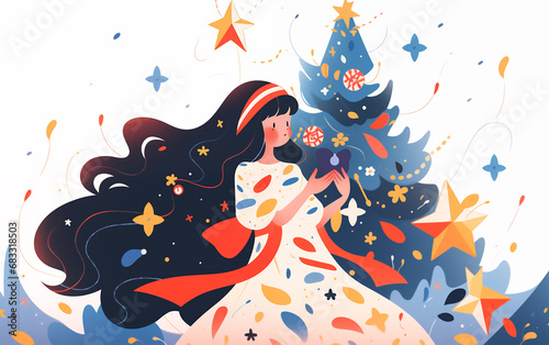 Female Christmas illustration created with Generative AI tecnology.