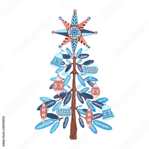 Folk Christmas Tree with Ornaments. Fir tree decorated with traditional Ukrainian ornaments and  eight-pointed Christmas star.  Hand-drawn gouache illustration  for wallpaper, banner, textile