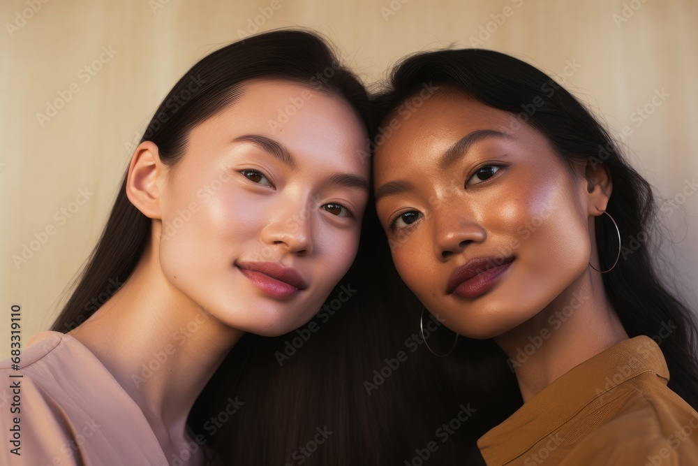 Cheerful girls embracing each other, happy gay multiethnic couple smiling happily and feeling love. Two women ethnic friends. Lesbian, freedom and pride lgbt people lifestyle concept
