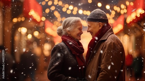 Happy senior couple having fun at outdoor Christmas market. Old couple walking on the city street at winter day. Winter holidays and Christmas shopping concept