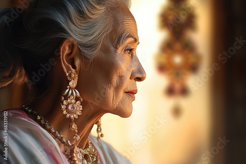 Beautiful elegant asian old woman. Senior older 60s lady wearing in traditional dress and elegant expensive jewelry. Culture and tradition concept photo