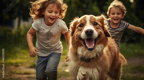 Kids playing with dog outdoors photo