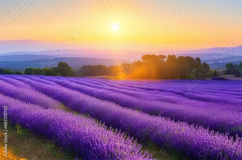 Sunlit lavender field under blue sky  AI generated