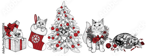 Vector set of 5 holiday cats in engraving style. Tabby cat in a Christmas tree, Siamese fold in a gift box, kitty in a sock, white cat in a Christmas wreath and striped kitten in tree toys