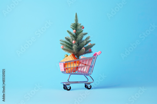 carro de la compra en miniatura conteniendo paquetes regalos y un árbol de navidad sobre fondo azul pastel