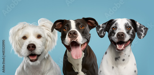 Portrait of three different dogs on a blue background