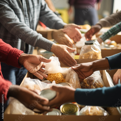 Food drive concept - diverse group of volunteers distributes food among less fortunate photo