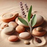 Natural Harmony: Sage Twig and Pebble Rocks on Sand - Serene Botanical Background 