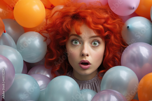 The red-haired girl looks surprised at the balloons in the background