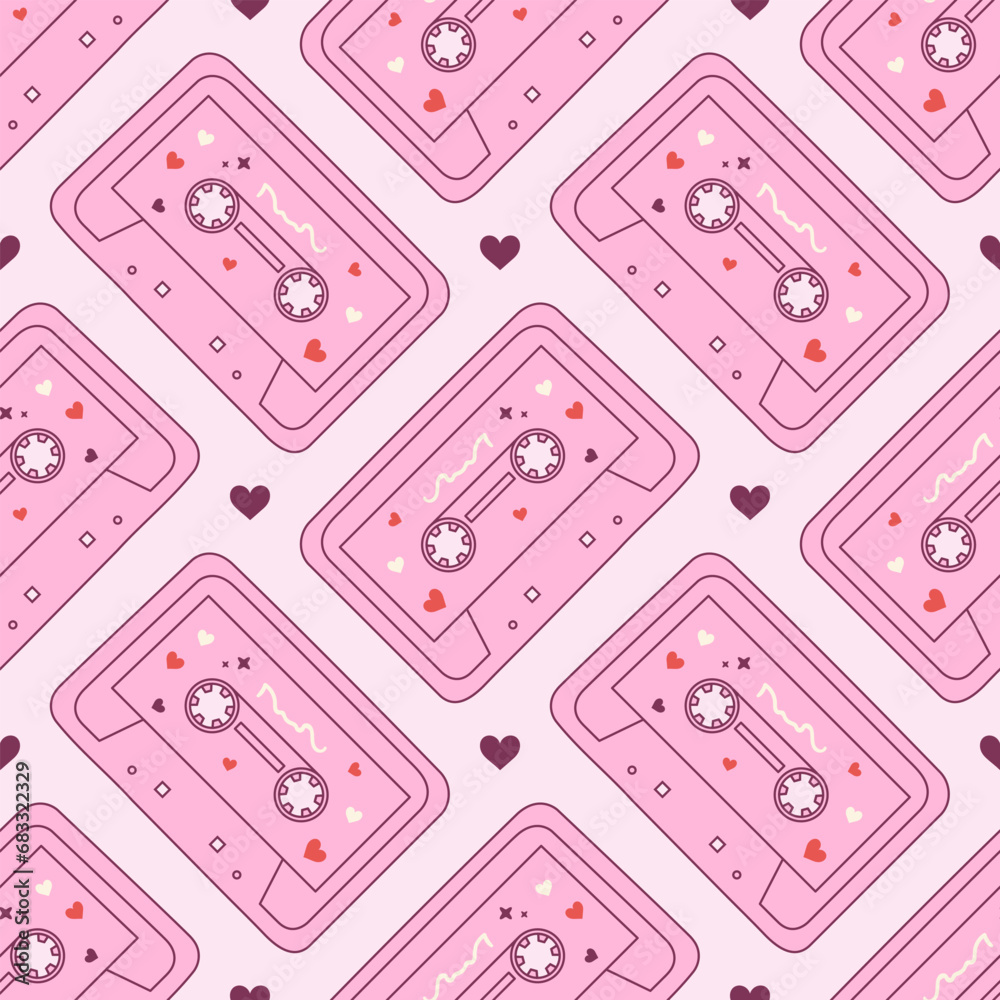 Seamless vector pattern with cute 80s and 90s pink audio cassette in girly style. Cute tape record background. Pop music symbol. Fun texture for wallpaper, wrapping paper, textile design