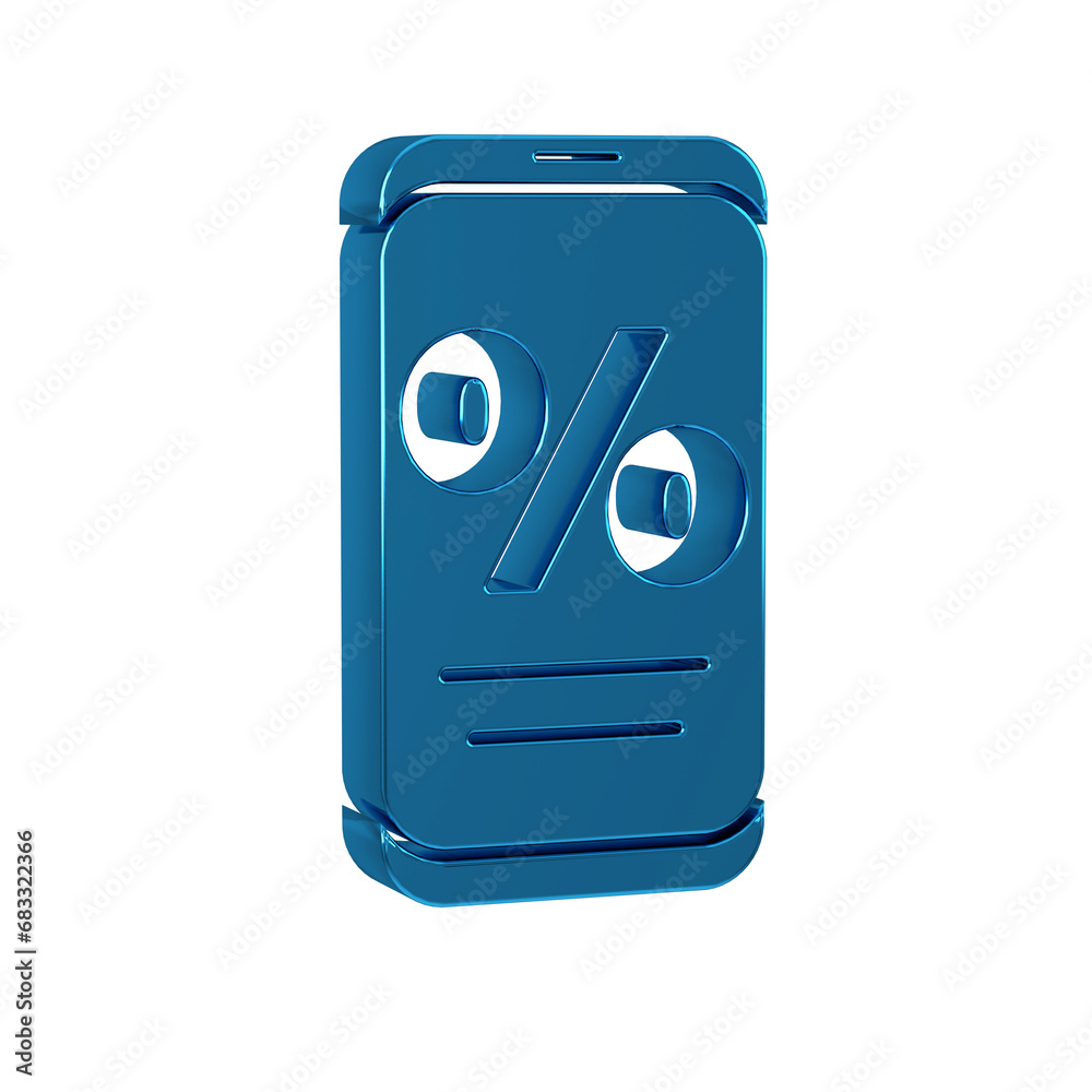 Blue Percent discount and mobile phone icon isolated on transparent background. Sale percentage - price label, tag. Blue Percent discount and mobile phone icon isolated on transparent background. Sale percentage - price label, tag.