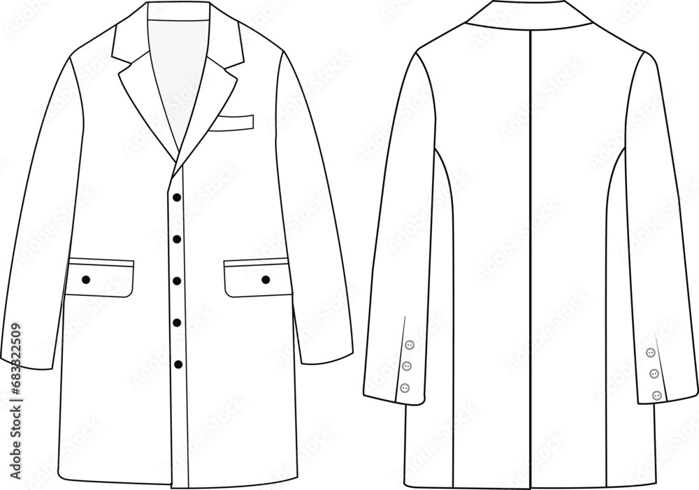Women's double-breasted trench coat vector design, Women long coat, vector illustration, flat technical drawing.  - obrazy, fototapety, plakaty 