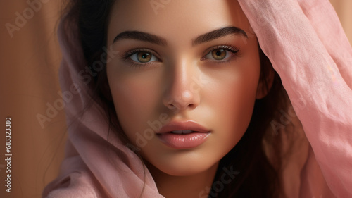 A beautiful exotic woman wearing a veil. Beauty advertising photo, cosmetics shot, beauty industry advertisement.	 photo