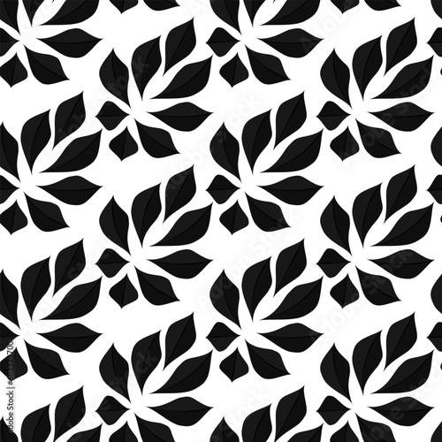 Abstract plant black  leaves seamless pattern. floral freehand doodle . Organic leaves cartoon background, simple nature shapes.