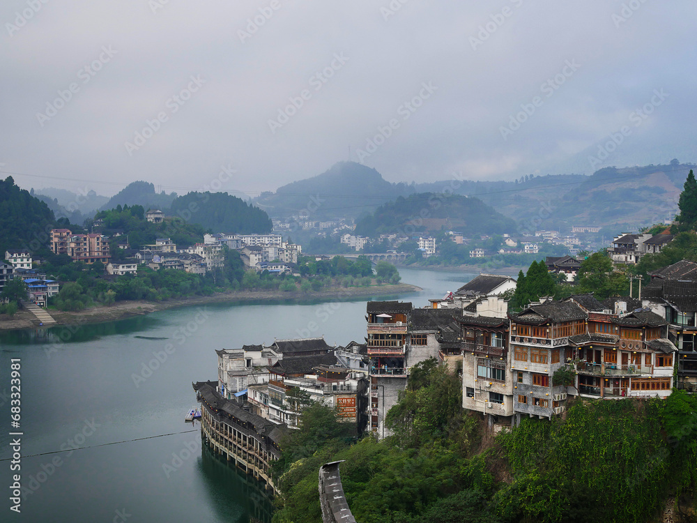 Scenery of the river and old buildings of Furongzhen, China