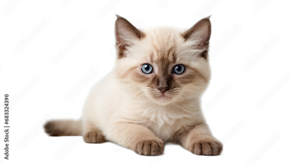 Cute fluffy Siamese breed kitten isolated on white background