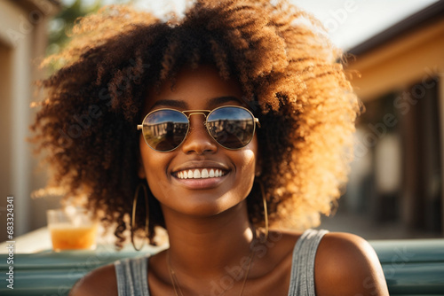 A young woman with afro hair and sunglasses sunbathing and relaxing under the sun, smiling to the camera. Generative AI.