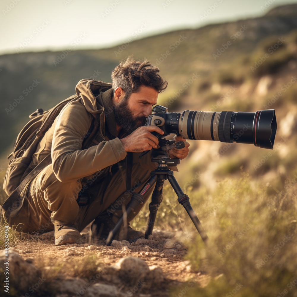 Nature and animal photographer with his camera and telephoto lens.