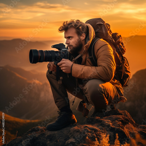 Nature and animal photographer with his camera and telephoto lens. © DALU11