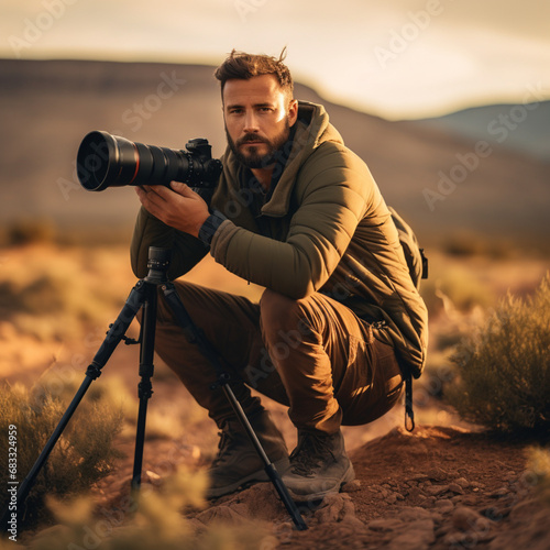 Nature and animal photographer with his camera and telephoto lens.