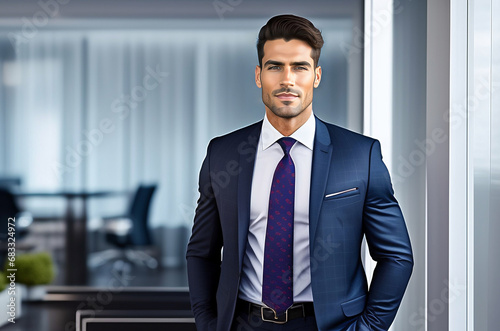 Confident handsome businessman in formal suit posing in modern office. Career, business growth and success concept