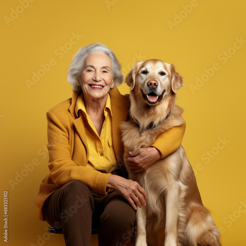 Senior woman hugging her dog on a yellow background.