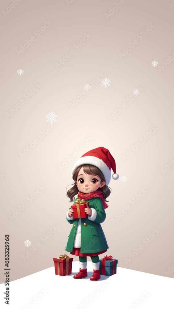 A little cute Christmas girl with a gift box,2D looping animation.	