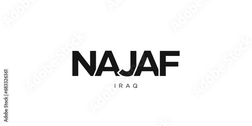 Najaf in the Iraq emblem. The design features a geometric style, vector illustration with bold typography in a modern font. The graphic slogan lettering.