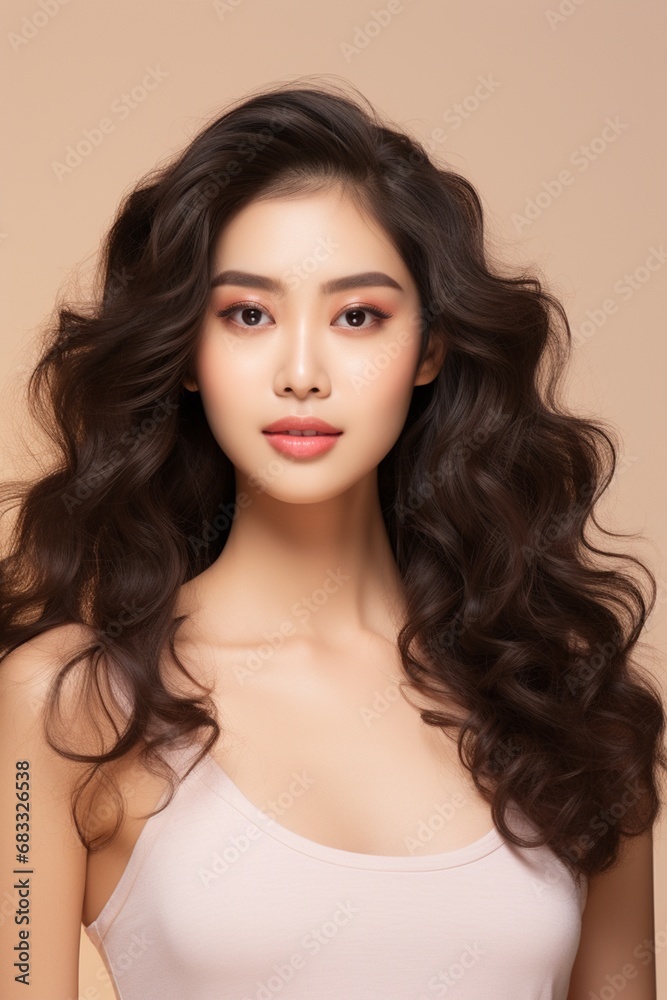 Beautiful Asian woman with long curly hair and perfect skin with makeup, facial treatment, beauty, plastic surgery. Beautiful Asian woman with long curly hair and perfect skin with makeup, facial treatment, beauty, plastic surgery.