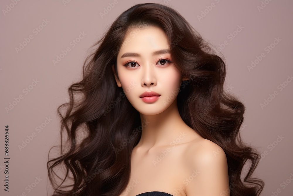 Beautiful Asian woman with long curly hair and perfect skin with makeup, facial treatment, beauty, plastic surgery.