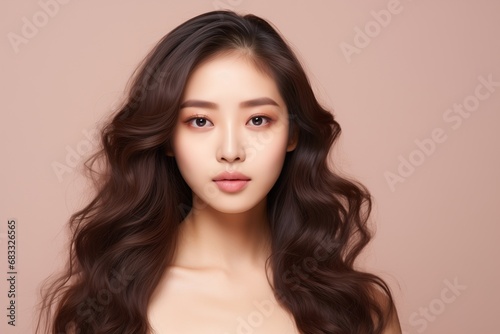 Beautiful Asian woman with long curly hair and perfect skin with makeup, facial treatment, beauty, plastic surgery. © Viewvie