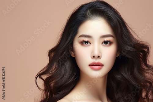 Beautiful Asian woman with long curly hair and perfect skin with makeup, facial treatment, beauty, plastic surgery.