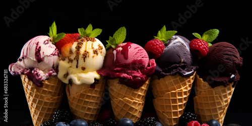 Asorted of ice cream scoops with cones in row on black background Colorful set of ice cream scoops of different flavours Sweet icecream chocolate lemon lime almond strawberries vanilla, GENERATIVE AI 