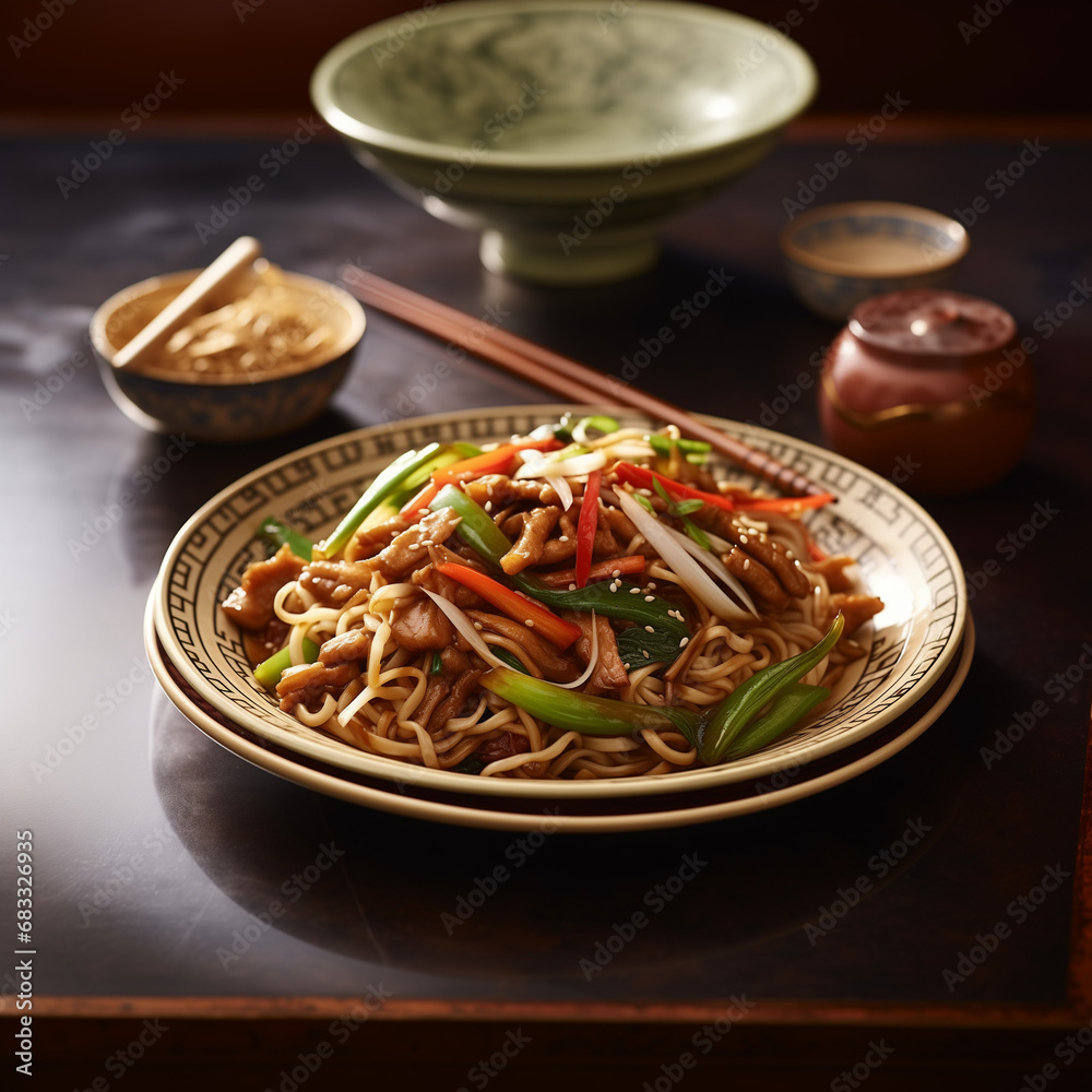 American-Chinese cuisine, chop suey, consisting of meat, chicken, pork, noodles and eggs. vegetables such as bean sprouts, cabbage, and celery and bound in a starch-thickened sauce - Generative AI American-Chinese cuisine, chop suey, consisting of meat, chicken, pork, noodles and eggs. vegetables such as bean sprouts, cabbage, and celery and bound in a starch-thickened sauce - Generative AI