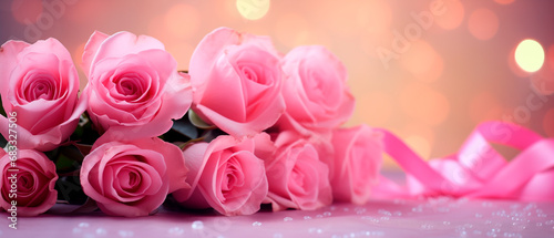 Decorative header of beautiful pink roses flowers over nice bokeh background with empty space for text. Floral frame composition for Mother s Day  Valentine s Day  Women s Day and Breast Cancer Day.