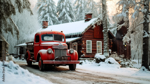 Old vintage car photo in winter season next to cozy wooden cabin in the snow forest. Landscape photo during christmas season with copy space.