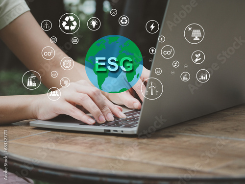 Green world ESG environment for society sustainable development Reducing the use of fuel and turning to renewable energy.