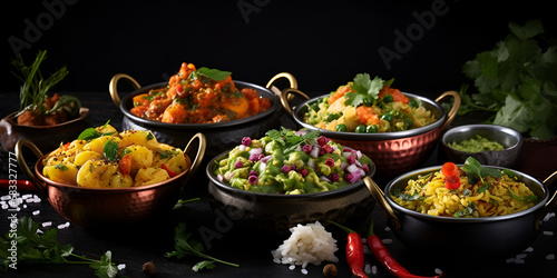 Assorted   food for lunch or dinner, rice, lentils, paneer butter masala, palak panir, dal makhani, naan, green salad, Assorted food on black background, generative AI photo