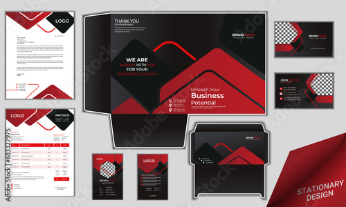 Corporate stationery design mock up set, Realistic identity branding mockup for company. Modern package with file folder, letterhead, ID card, business card, envelope and invoice design for your brand